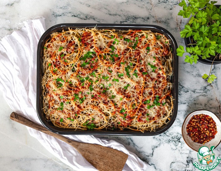 Рецепт: Лазанья из спагетти с шампиньонами