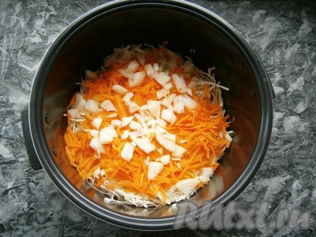 Морковь и лук очистить. В чашу мультиварки поверх капусты выложить натертую на крупной терке морковь и нарезанный произвольно репчатый лук. 