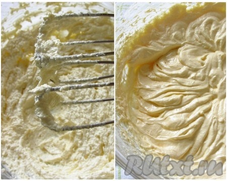Взбить в большой емкости сливочное масло с сахаром в белую пышную массу. Продолжая взбивать масляную смесь, ввести небольшими порциями яйца.