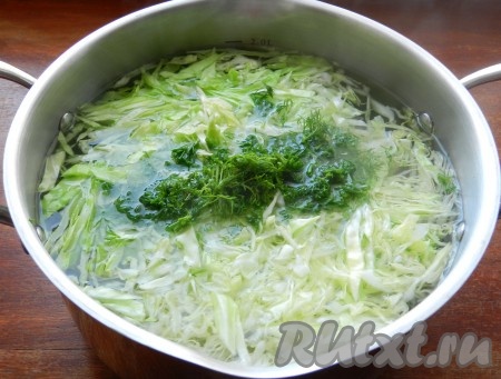 Когда картофель сварится, выложить в суп капусту и мелко нарезанную зелень. Довести до кипения.