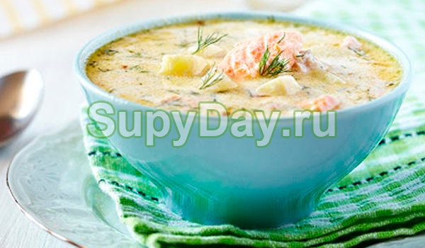 Сливочный суп с лососем, луком пореем и добавлением крахмала