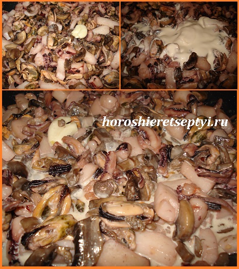 Жульен с грибами и морепродуктами соус из сливок