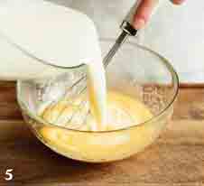 Вливайте теплые процеженные сливки небольшими порциями в миску с желтками