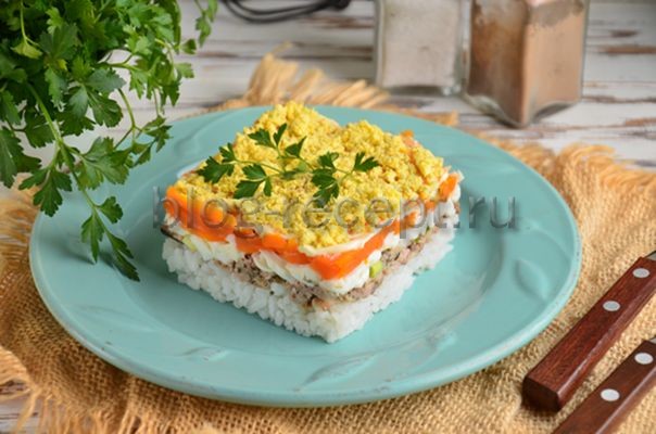 Салат "Мимоза" (рецепт с рисом) - пошаговый рецепт с фото